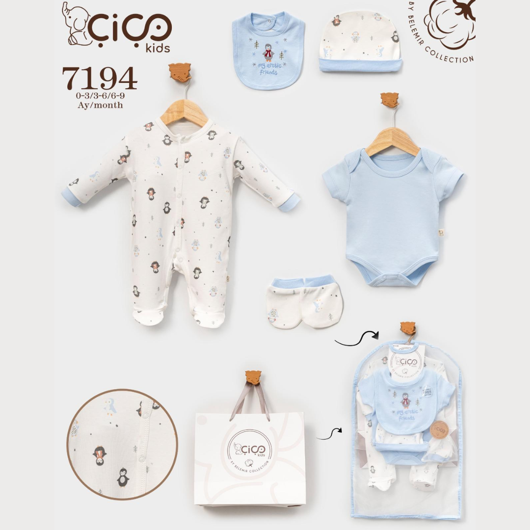 A baby clothing collection display featuring a long-sleeve printed footless sleeper, a light blue bodysuit, matching shorts, a bib, a hat, a gift bag, and a garment bag on a light gray background. The brand CiCo kids is visible on the packaging and accessories.