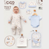 A baby wearing a white footed one-piece with a light blue and yellow animal print is shown in a flat-lay product arrangement on a white background. The set includes a light blue short-sleeve bodysuit, matching bibs, booties, a bonnet, a garment bag, and a branded Cico Kids gift bag.