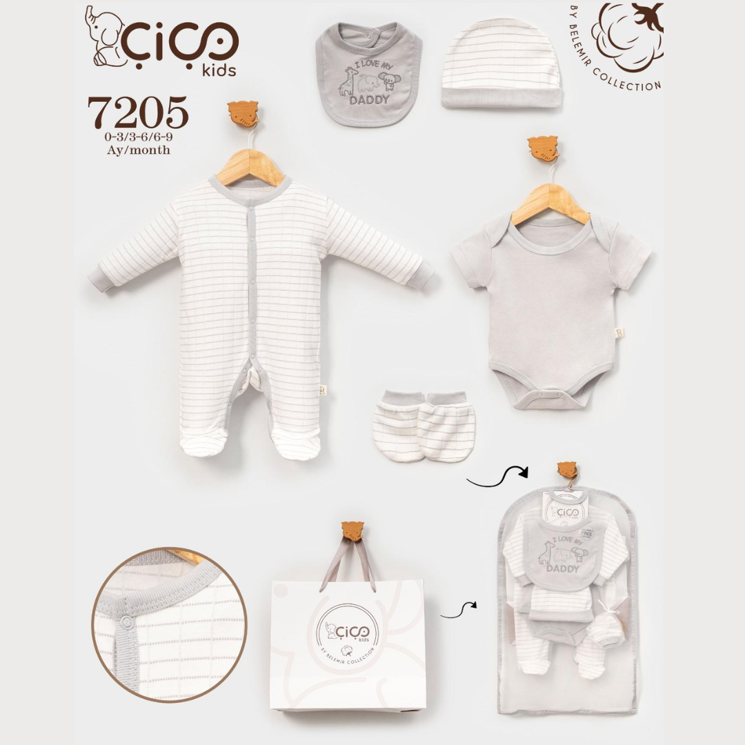 Baby clothing set displayed on hangers and in a storage bag against a light gray background. The set includes a long-sleeve footed sleeper, short-sleeve bodysuit, hat, bib, and diaper cover, with the Cico brand and collection details shown.