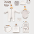 Baby clothing set displayed on hangers and in a storage bag against a light gray background. The set includes a long-sleeve footed sleeper, short-sleeve bodysuit, hat, bib, and diaper cover, with the Cico brand and collection details shown.