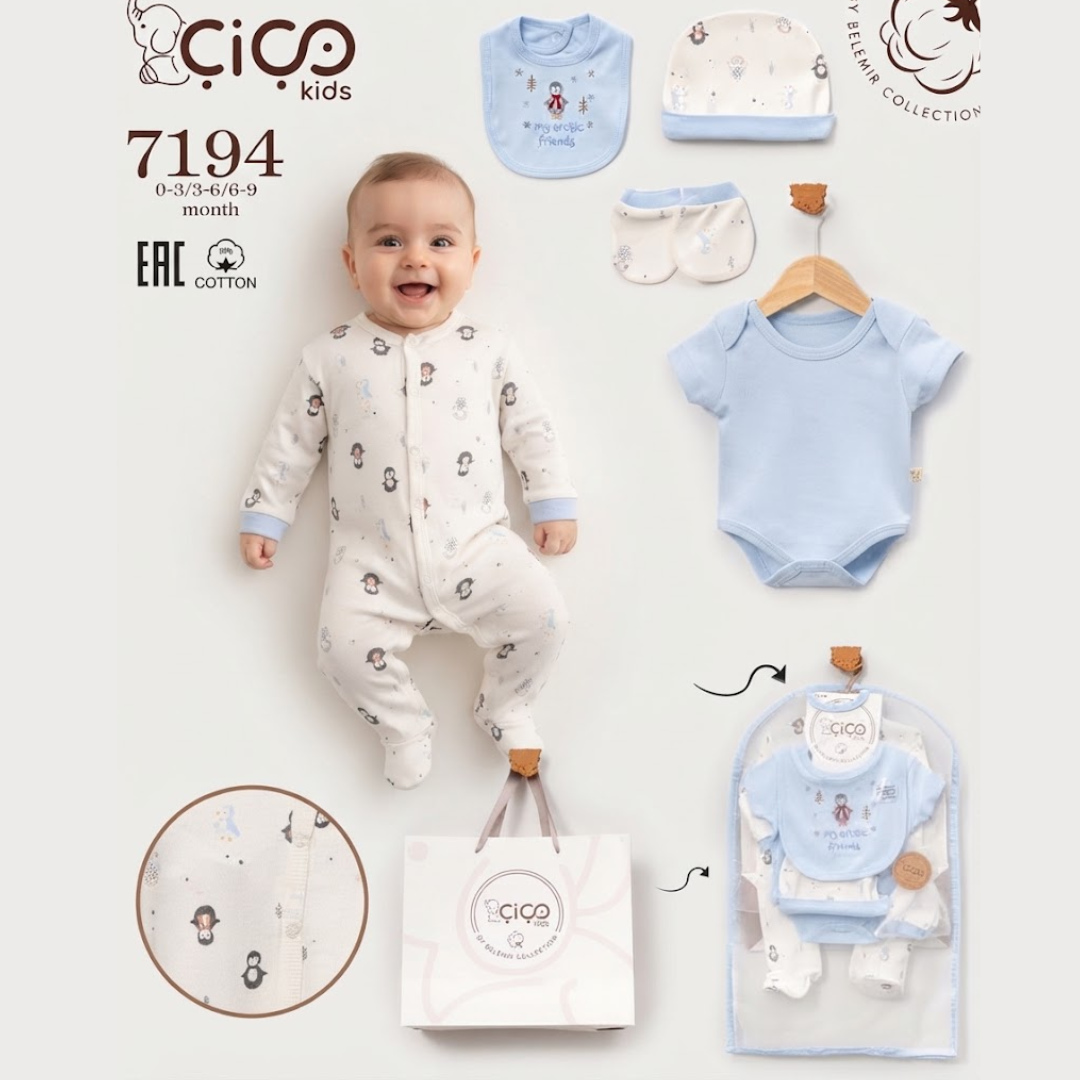 A baby wearing a light cream footed sleeper with small printed motifs, surrounded by matching baby clothing and accessories from Cico Kids on a white background. The set includes a light blue short-sleeve bodysuit, a light blue bib, a white bonnet, a pair of white socks, a white drawstring bag, and a circular fabric detail inset.