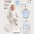 A baby wearing a light cream footed sleeper with small printed motifs, surrounded by matching baby clothing and accessories from Cico Kids on a white background. The set includes a light blue short-sleeve bodysuit, a light blue bib, a white bonnet, a pair of white socks, a white drawstring bag, and a circular fabric detail inset.