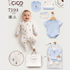 A baby wearing a light cream footed sleeper with small printed motifs, surrounded by matching baby clothing and accessories from Cico Kids on a white background. The set includes a light blue short-sleeve bodysuit, a light blue bib, a white bonnet, a pair of white socks, a white drawstring bag, and a circular fabric detail inset.