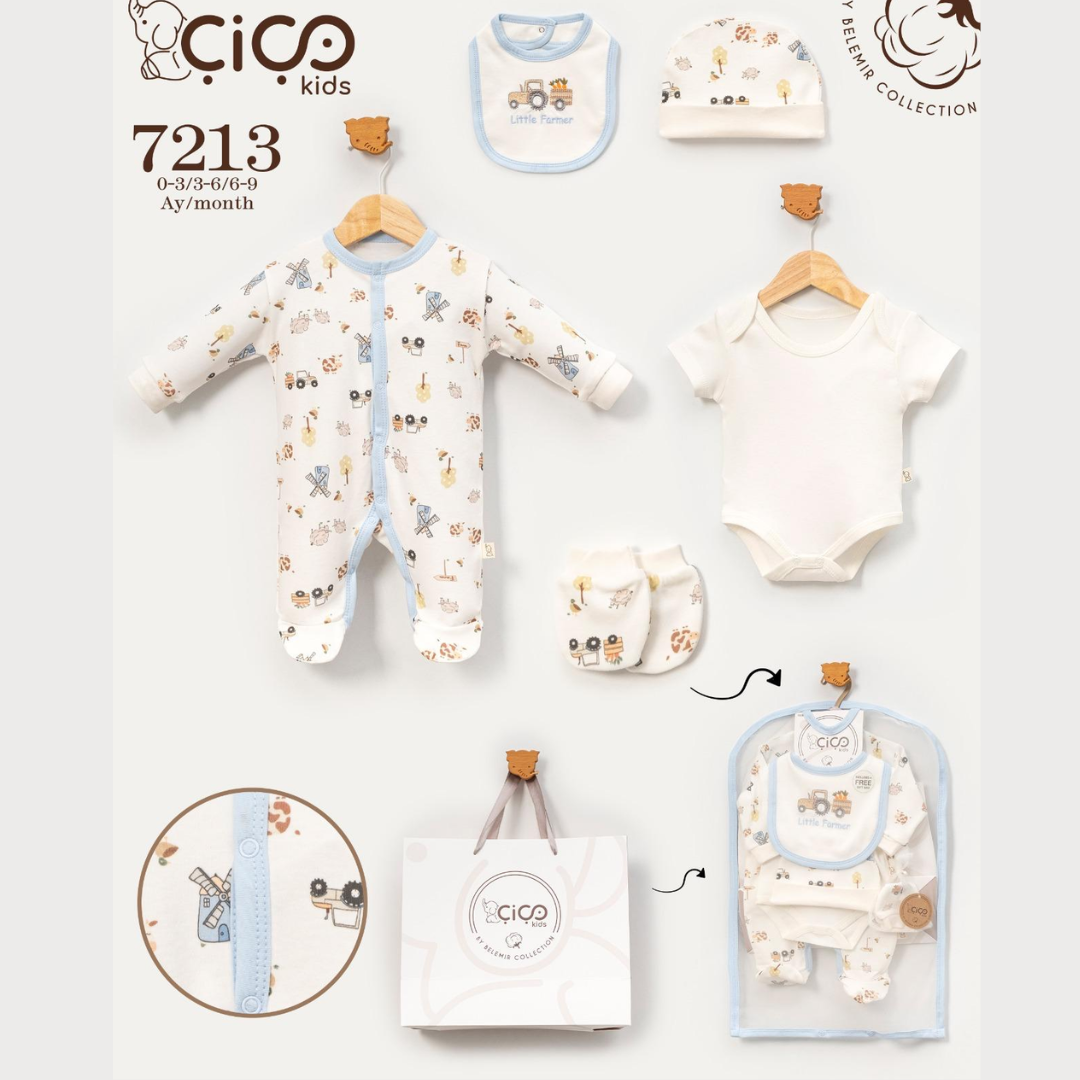 Baby clothing set from CiCo kids featuring a footless one-piece sleeper with a blue trim and animal print, a short-sleeve bodysuit, a bib, a hat, and diaper covers, displayed on a light gray background with product details and packaging.