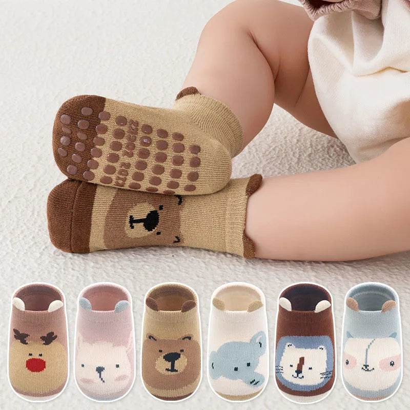 6 Pairs Non-Slip Kids Socks – Cute Cartoon Animals - Little Fashion