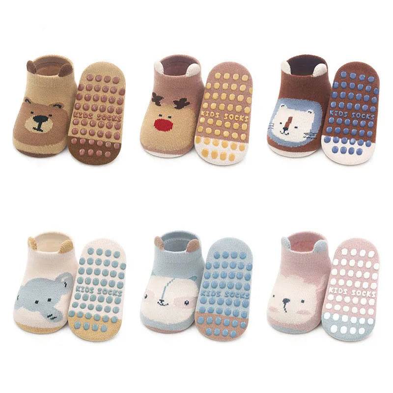 6 Pairs Non-Slip Kids Socks – Cute Cartoon Animals - Little Fashion