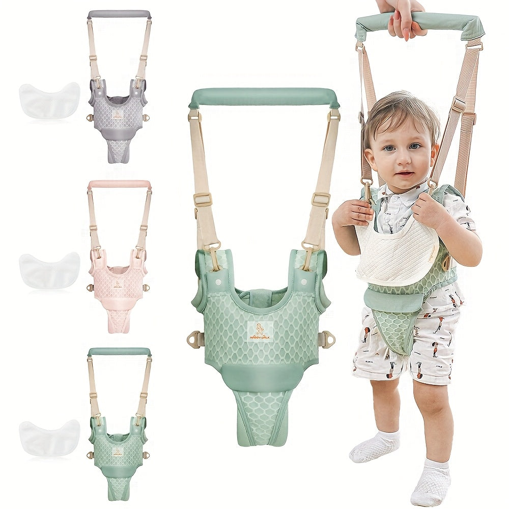 Baby in a green harness with multiple views of the harness on a white background