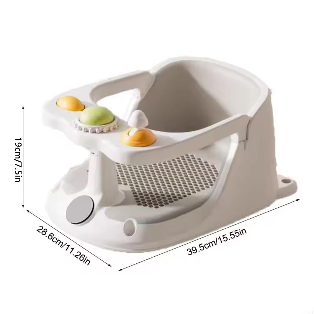 White pet bath seat with colorful buttons and dimensions on a white background