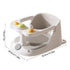 White pet bath seat with colorful buttons and dimensions on a white background