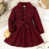 Toddler Girls' Burgundy  Bow-Belt Lapel Dress