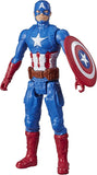 Action figure of a superhero in blue, red, and white costume with shield on a white background