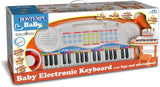 Box of a baby electronic keyboard with colorful design and text on a white background