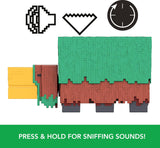 Pixelated dog toy with buttons and text on a white background
