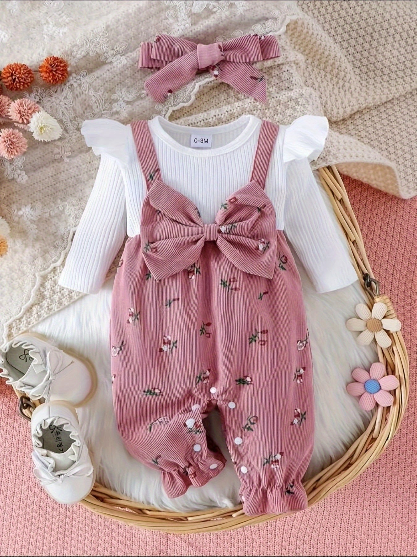 Baby outfit with pink romper, white shirt, and headband on a textured surface with flowers.
