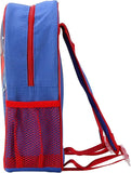 Blue and red backpack with mesh side pocket on a white background