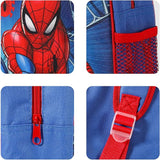 Spider-Man themed backpack with close-up details on a blue background