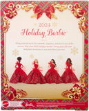 2024 Holiday Barbie packaging with four dolls in red dresses on a decorative background.