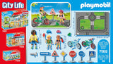 Playmobil City Life toy set packaging with figures, vehicles, and road signs.