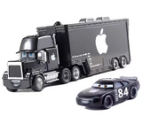 Black 84 Toy truck and car set with a white background