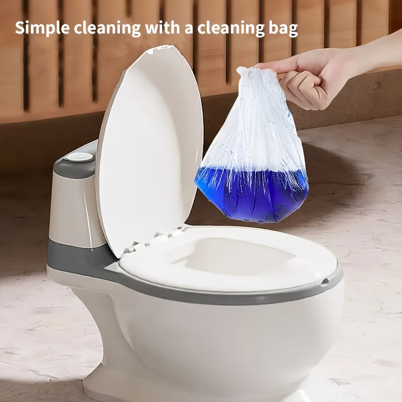 Person holding a cleaning bag over a toilet with text 'Simple cleaning with a cleaning bag'.