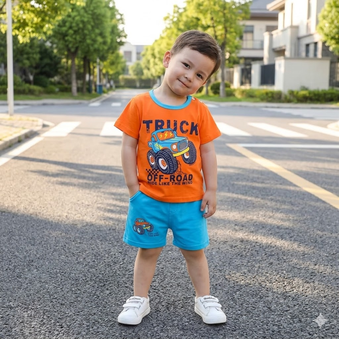 Child wearing an orange shirt with a truck graphic and blue shorts standing on a street.
