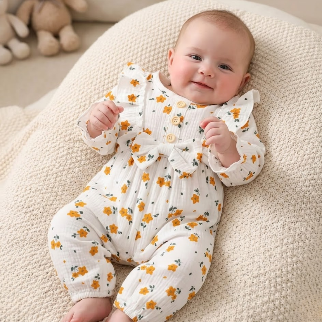 Baby in a floral onesie lying on a soft surface