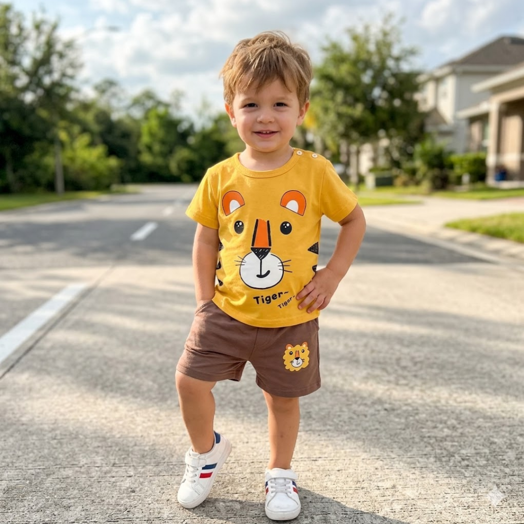 Child wearing a yellow t-shirt with a tiger design and brown shorts standing on a street.