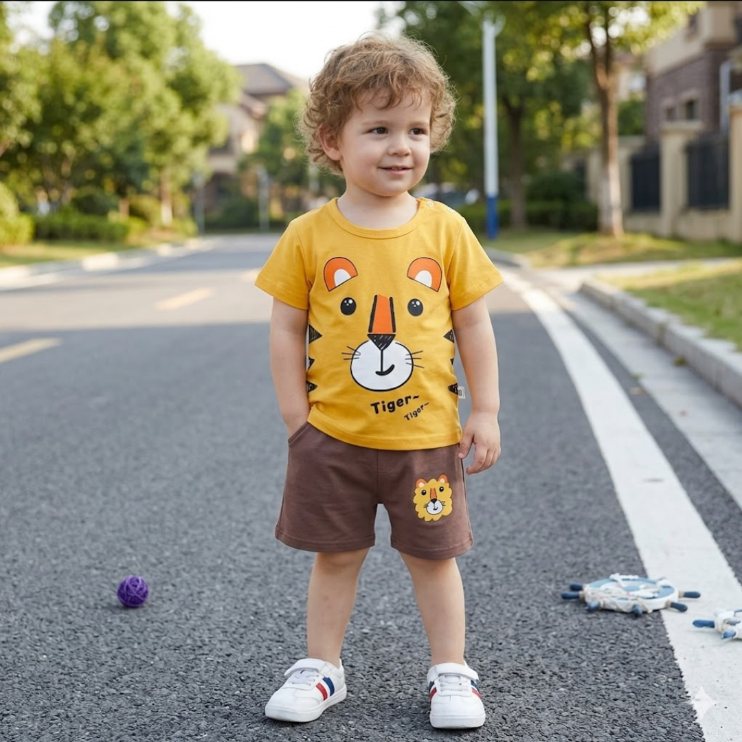 Child wearing a yellow t-shirt with a tiger design and brown shorts standing on a road.