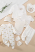 8-piece unisex newborn baby outfit set with Happy Little Bear print, including romper, jacket, pants, hat, bib and socks in neutral colors