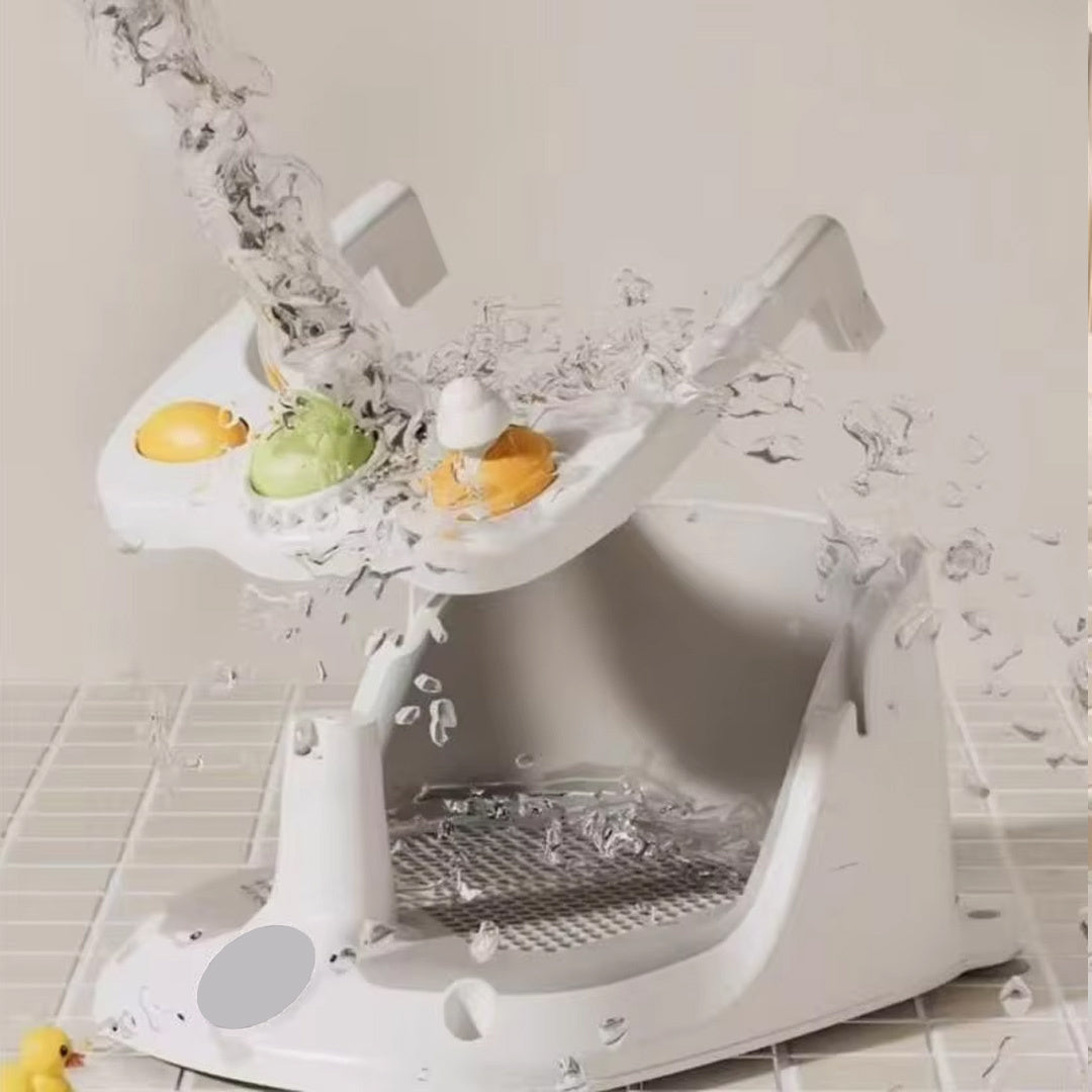 White pet shower with fruits on a light gray background