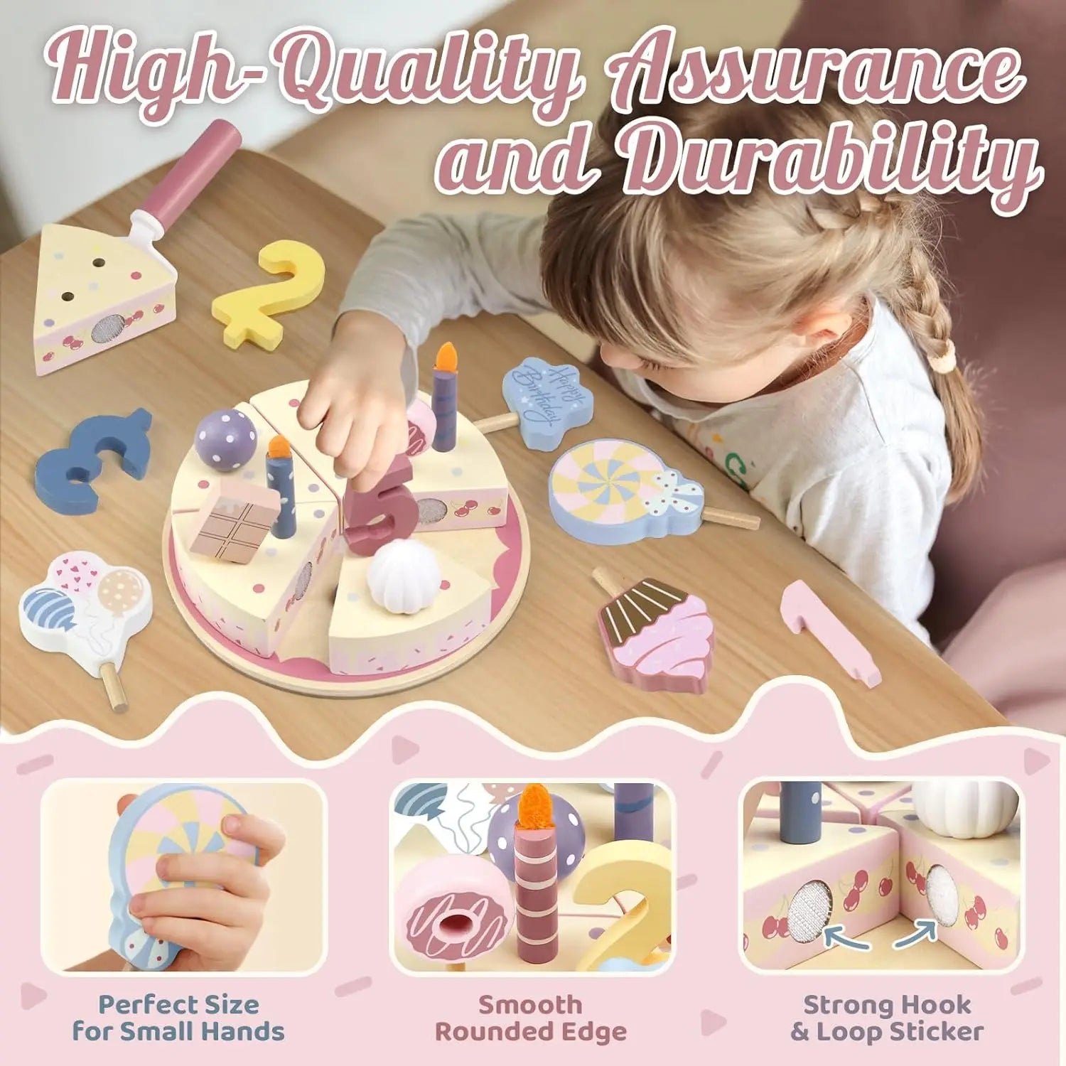 Child playing with a wooden toy cake set on a table, with text highlighting quality assurance and durability.
