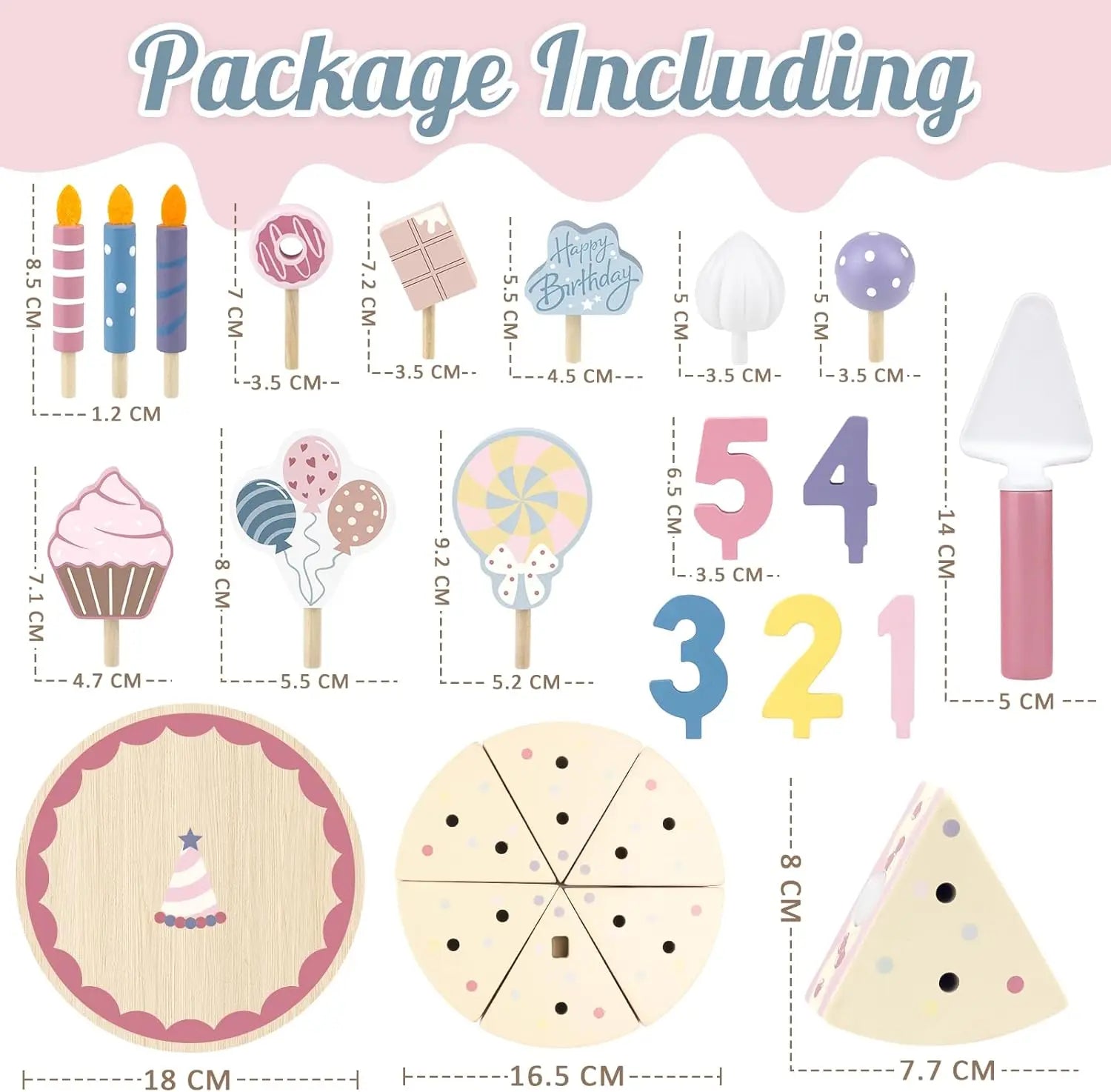 Illustration of a package including various wooden toys with measurements