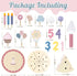 Illustration of a package including various wooden toys with measurements