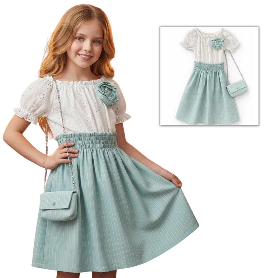 Green & Ivory Eyelet Summer Dress & Bag Set (4-14Y)