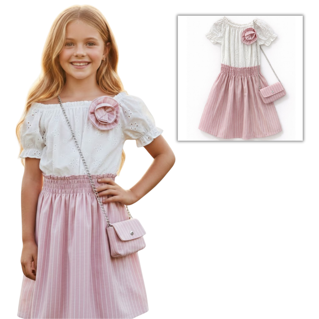 Pink & Ivory Eyelet Summer Dress & Bag Set (4-14Y)
