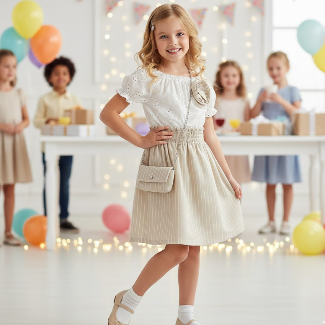 Beige & Ivory Eyelet Summer Dress & Bag Set (4-14Y)