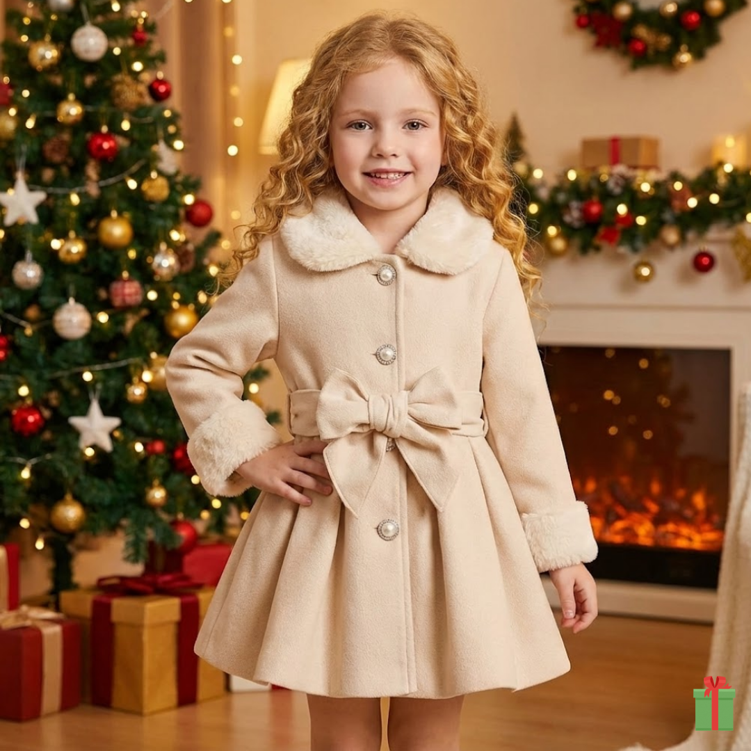 Girls' Winter Coat: Plush Lapel, Bow Detail