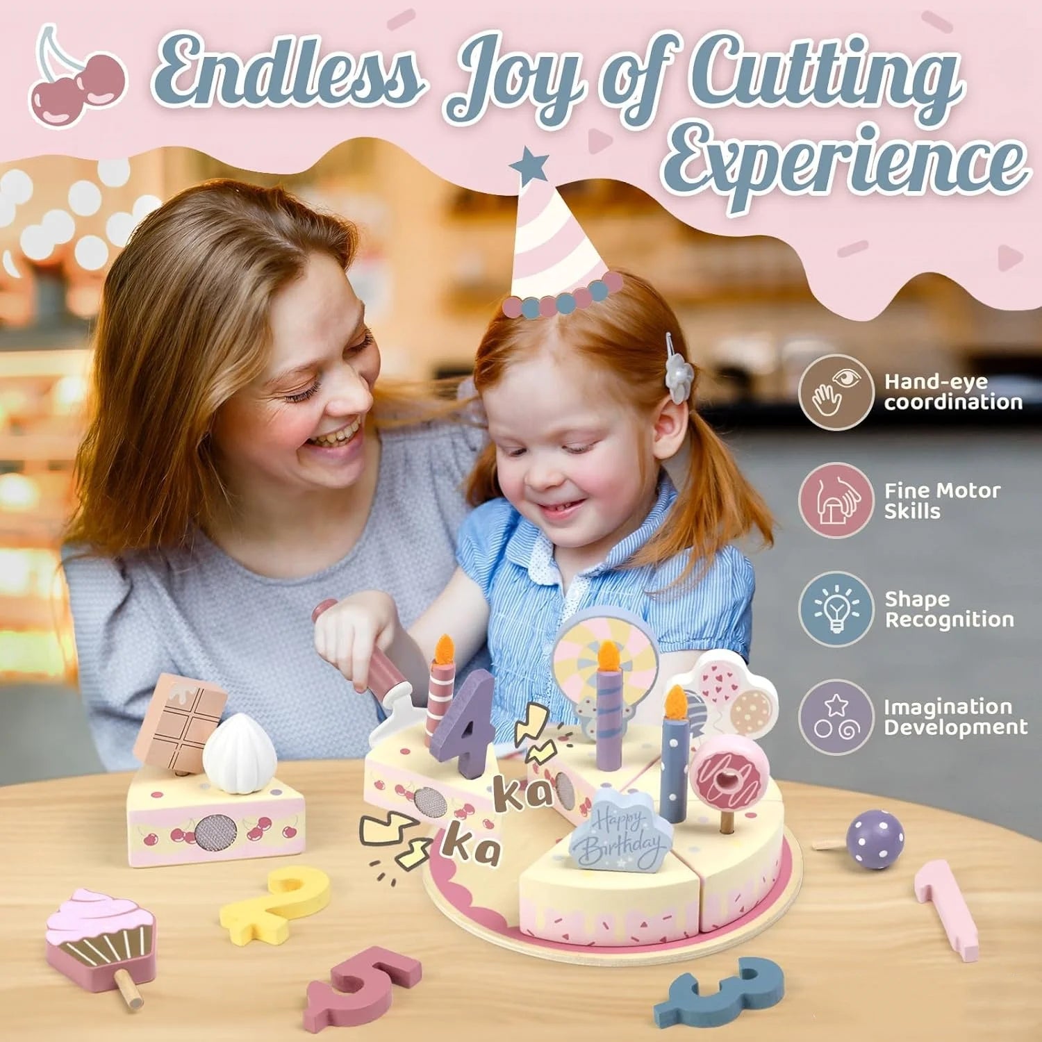 Woman and child playing with a toy cake set on a table, with text about developmental benefits.