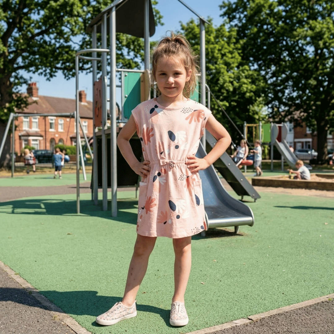 Young girl in a pink dress standing on a playground with green rubber flooring.