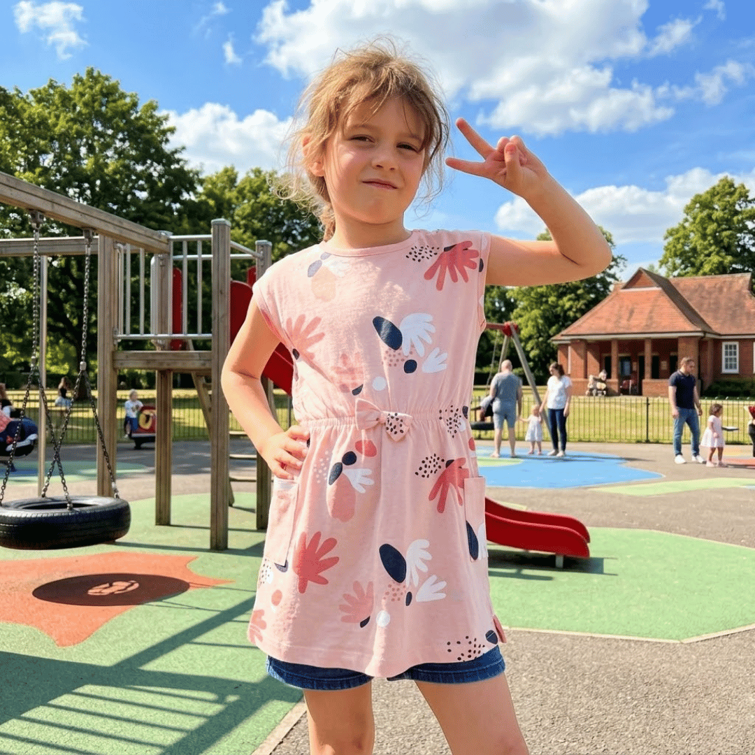 Young girl in a pink dress with floral patterns standing on a playground.