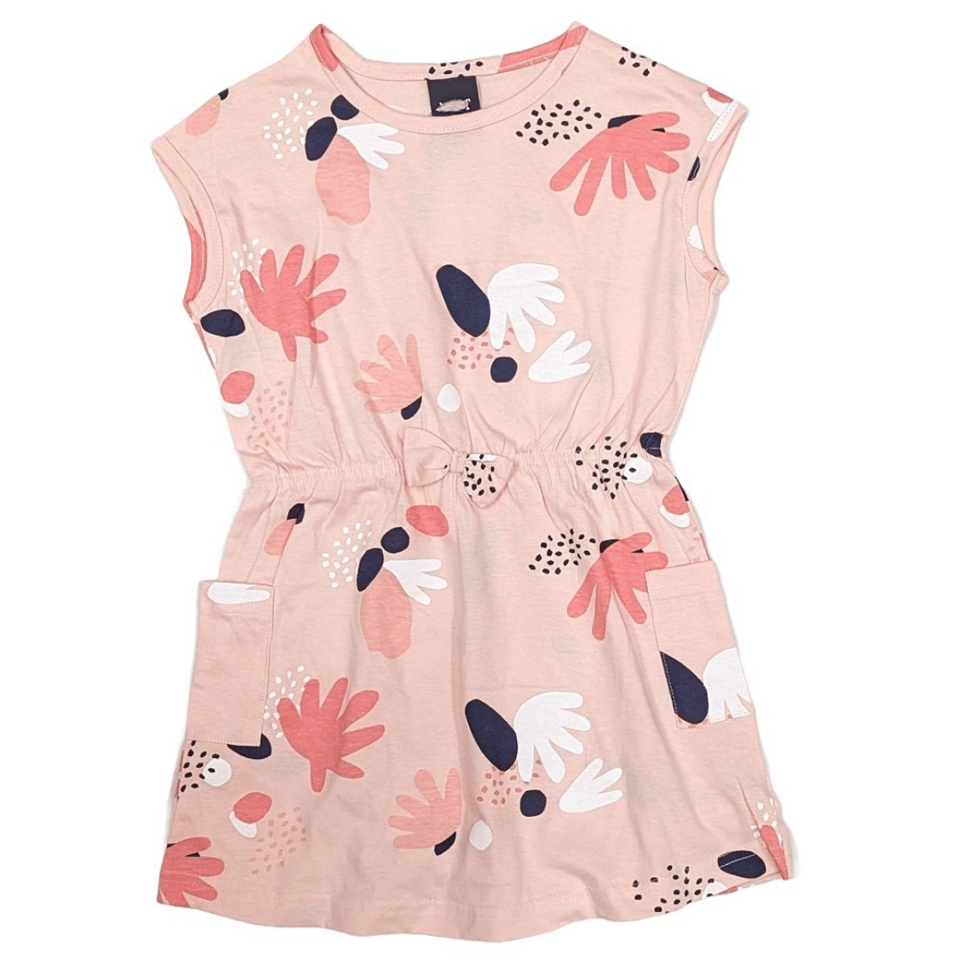 Pink dress with abstract hand print pattern on a white background