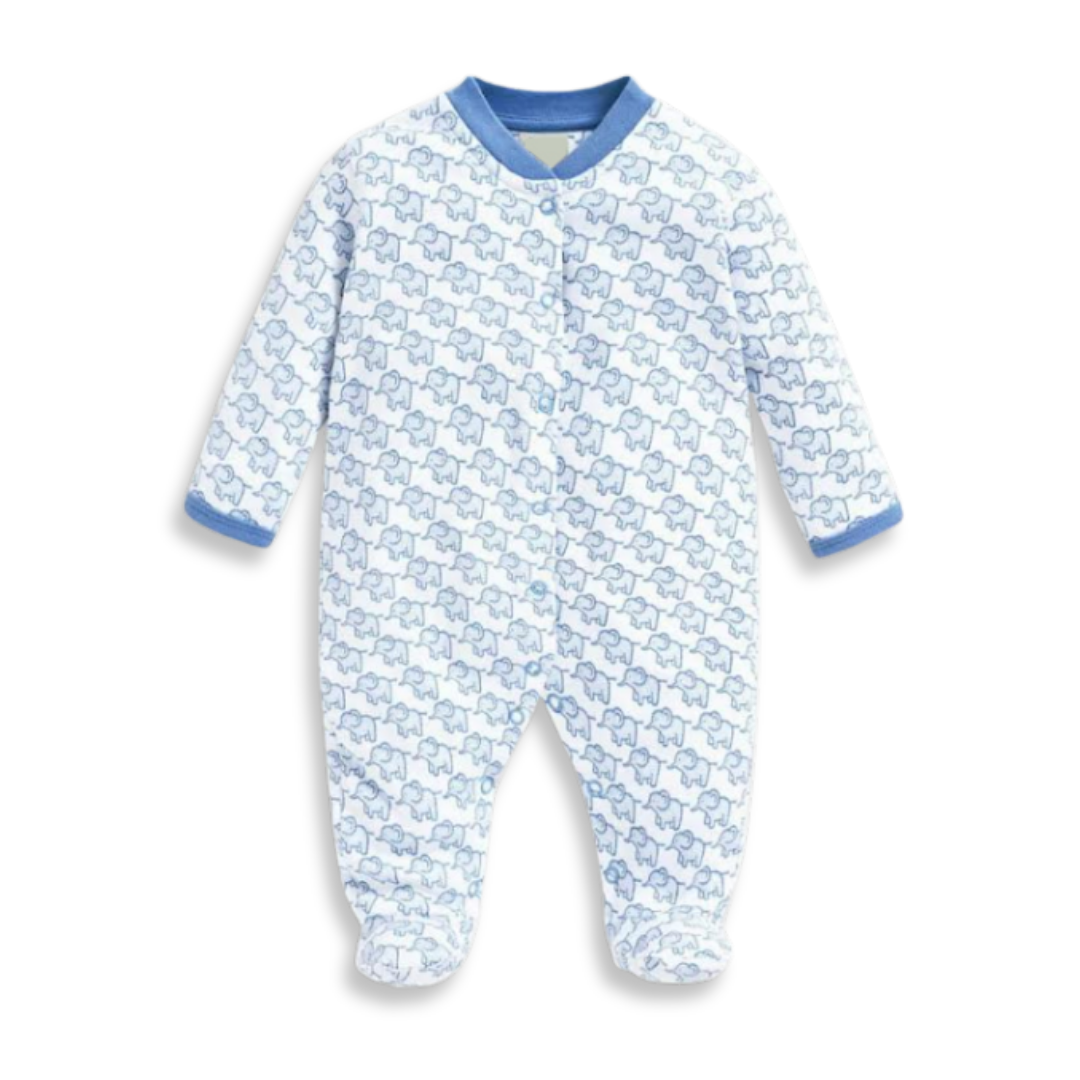Baby onesie with blue star pattern on a white background