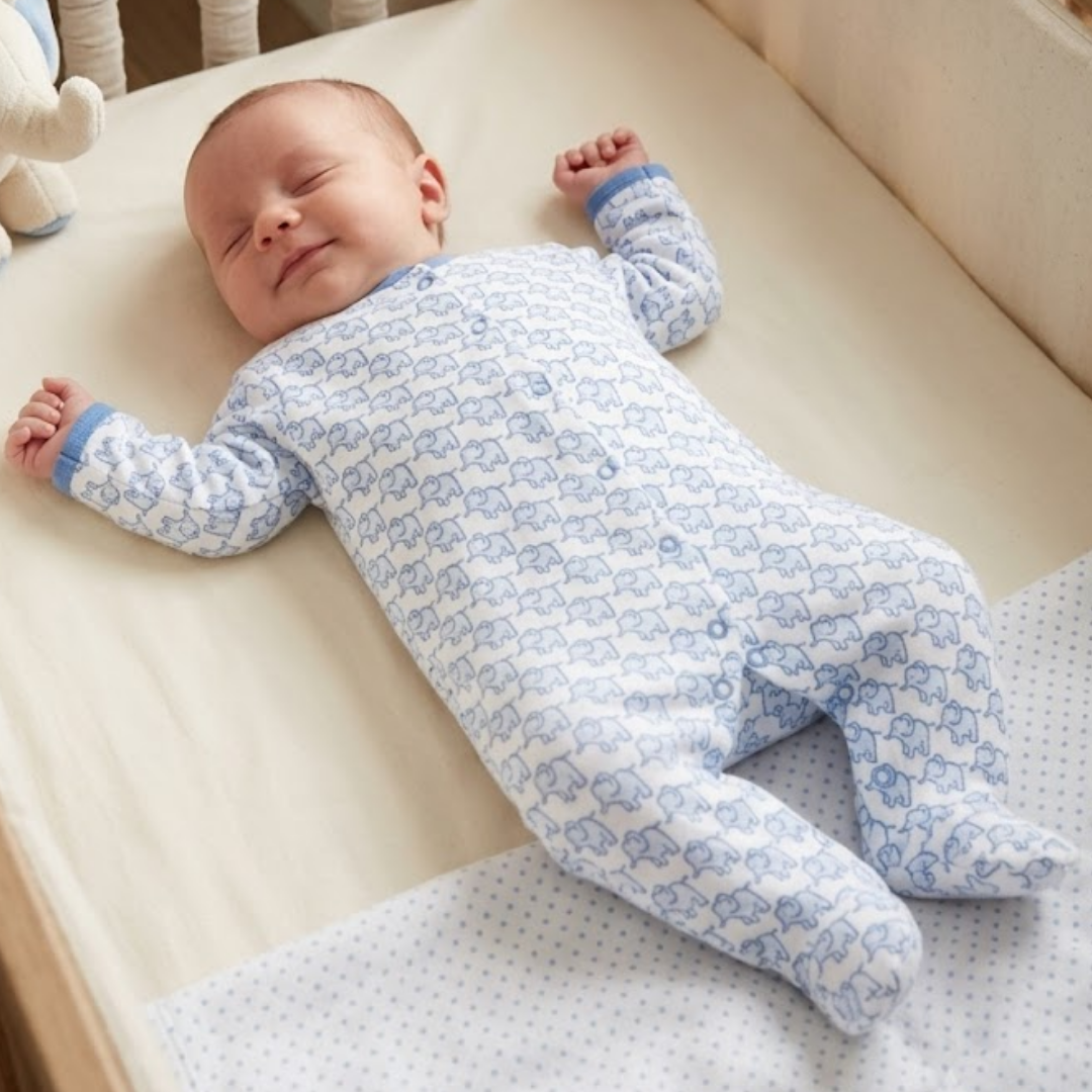 Baby in a blue and white patterned onesie lying on a beige surface.