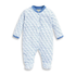 Baby onesie with blue star pattern on a white background