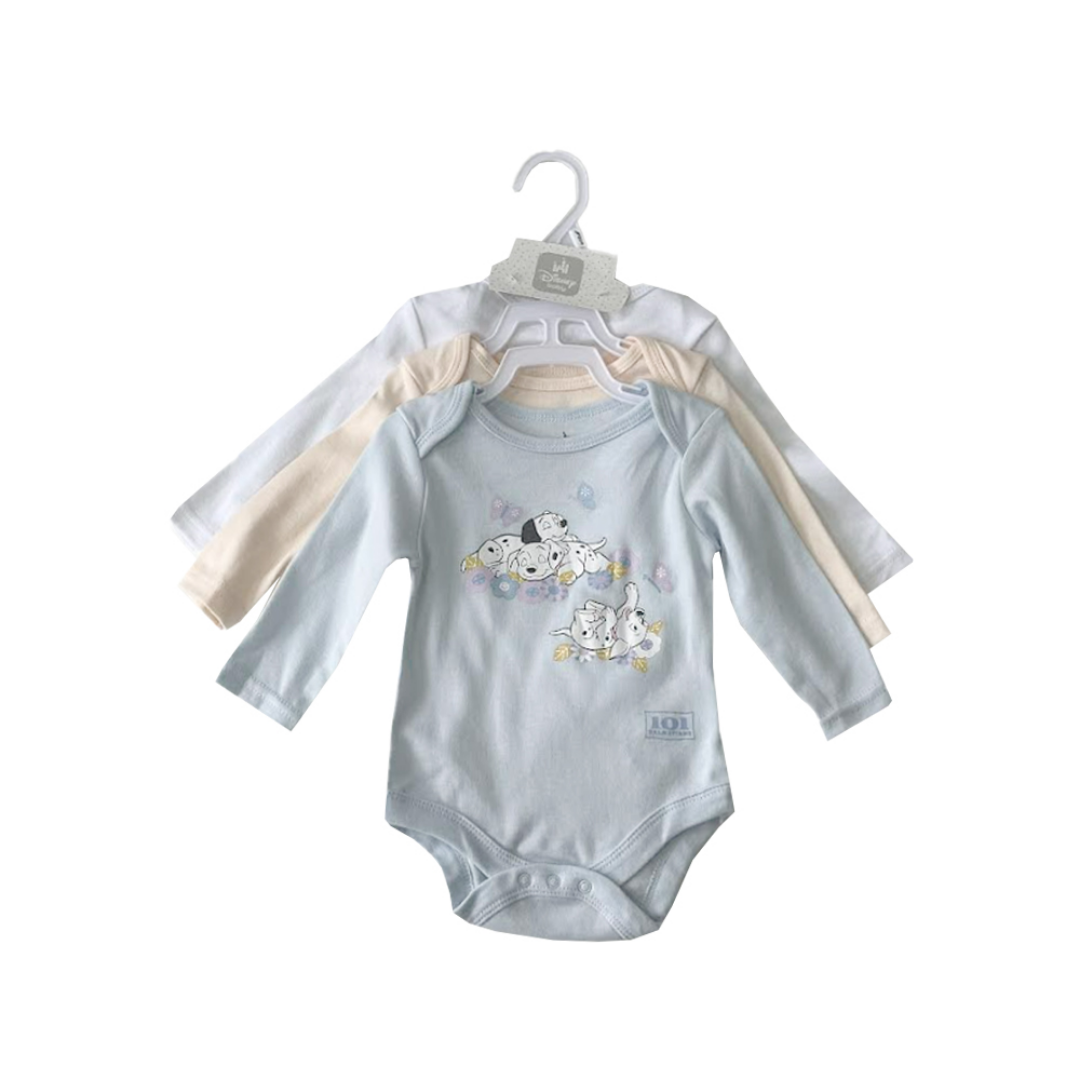 Baby onesie with long sleeves and a design on a hanger against a white background