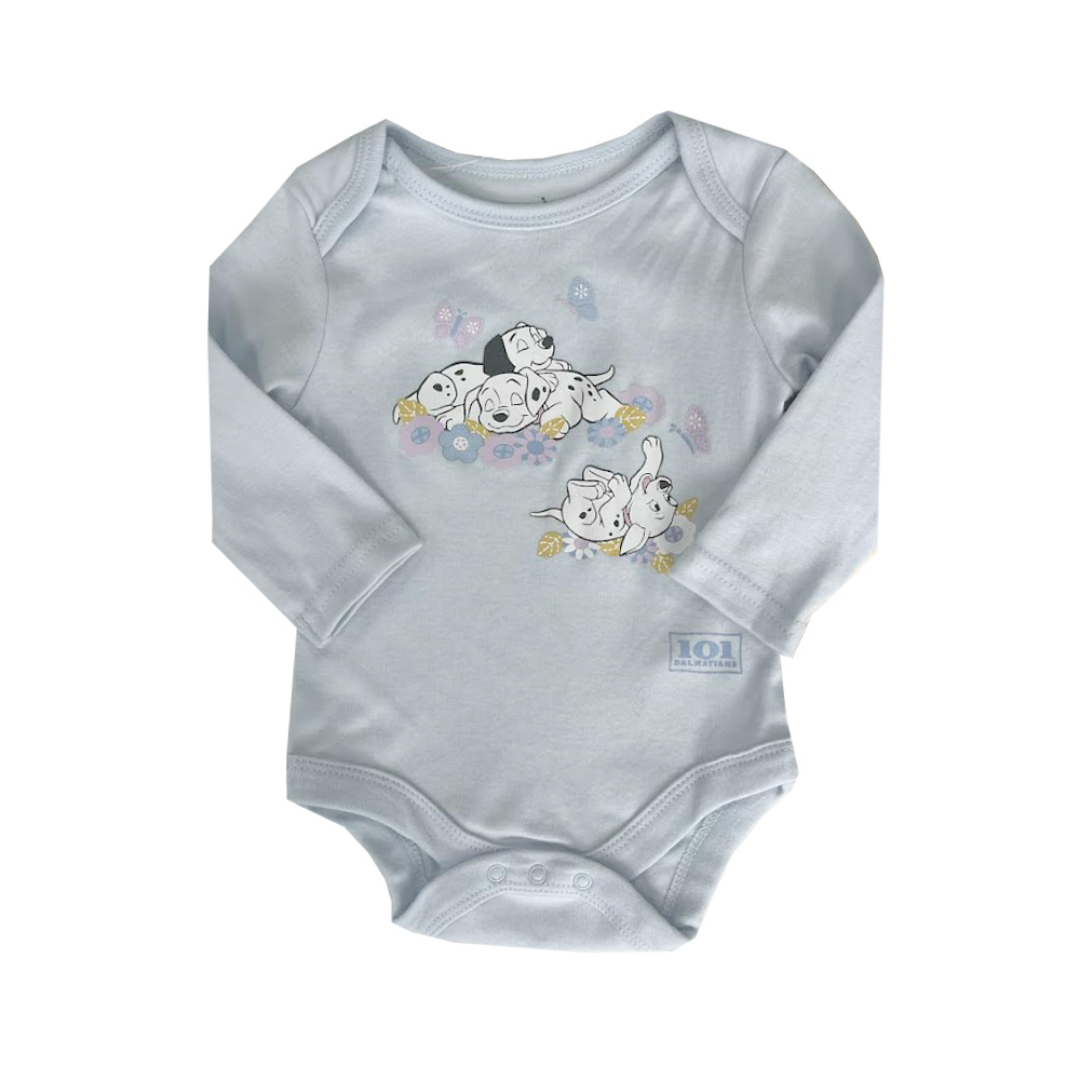 Gray baby onesie with cartoon characters on a white background