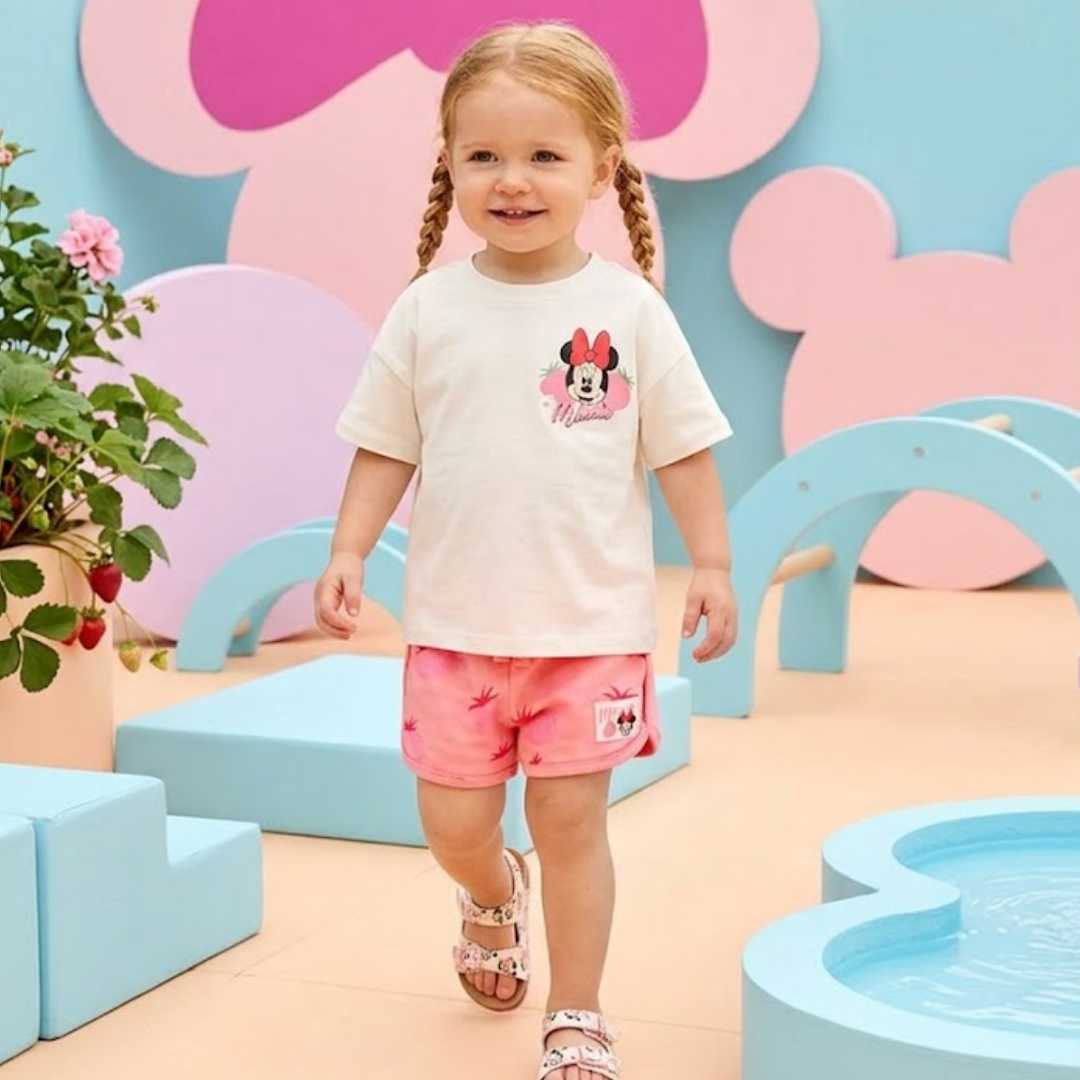 Child wearing a Minnie Mouse t-shirt and shorts in a colorful, playful setting