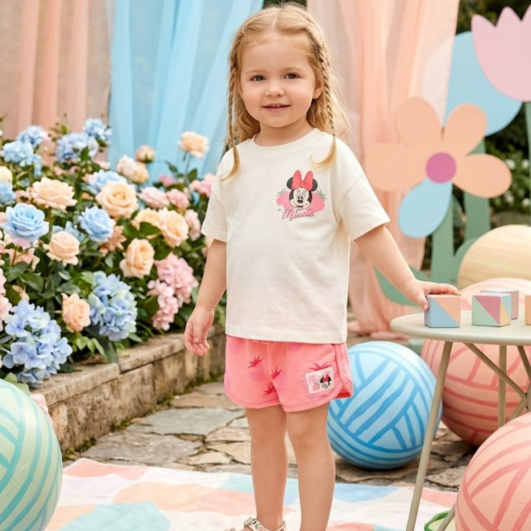 Young girl in a Minnie Mouse outfit standing in a colorful outdoor setting with flowers and balloons.