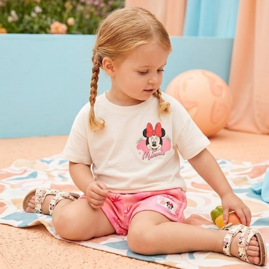 Young girl sitting on a blanket wearing a Minnie Mouse outfit.