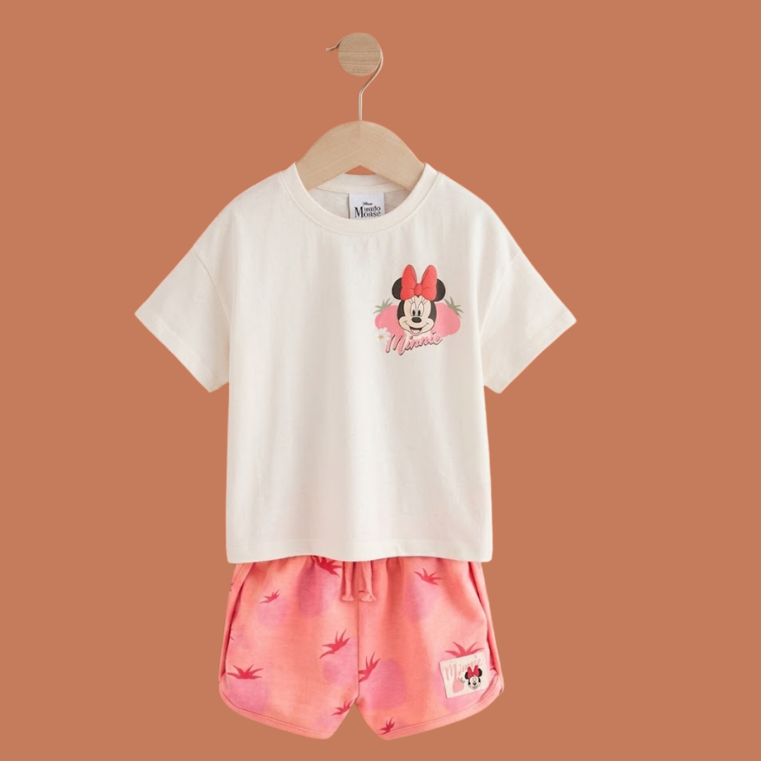 Children's outfit with white t-shirt and pink shorts featuring a cartoon character on a brown background
